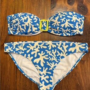 Boden Blue and White Coral Print Strapless Bikini with Yellow Buckle